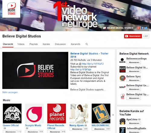 Der Believe Digital-Channel auf YouTube