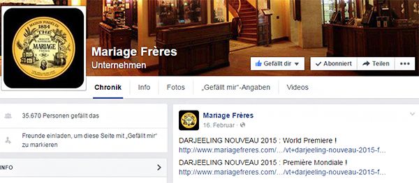 Das letzte Facebook-Post des Teehändlers Mariage Frères ist aus dem Februar dieses Jahres.  
