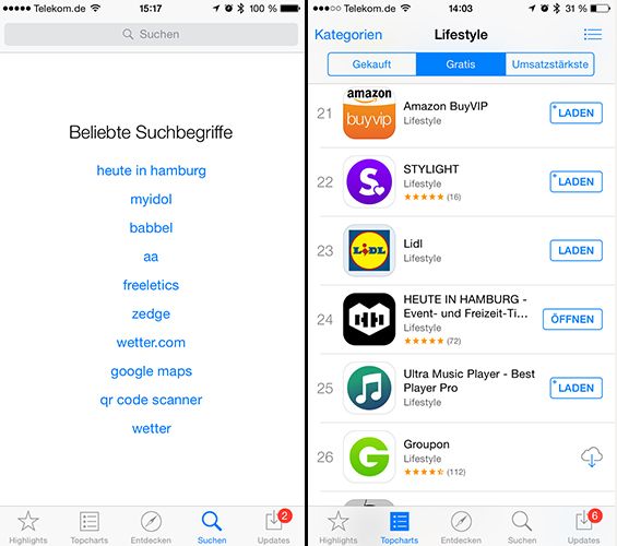Die HEUTE IN HAMBURG-App schaffte es in "Beliebte Suchbegriffe" und erreichte Platz 24 in den Charts der Kategorie Lifestyle im App Store.