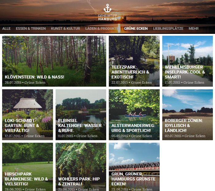 Das neu geschaffene Ressort "Grüne Ecken" auf der Geheimtipp Hamburg Website