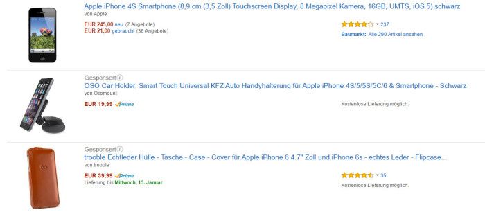 Anzeigen auf das Keyword "Smartphone Apple", Screenshot Amazon.de