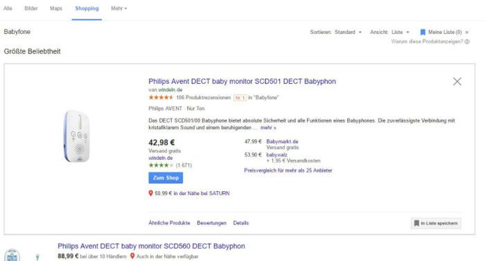 Google Shopping Suche nach 'Babyphon' / Screenshot Google