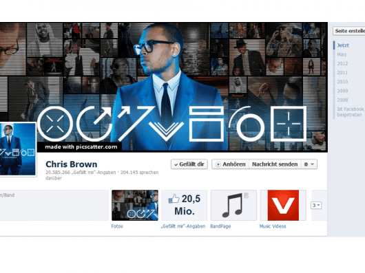 Screenshot der Facebook Fanpage von Chris Brown, mit dem integrierten "Anhören" Button