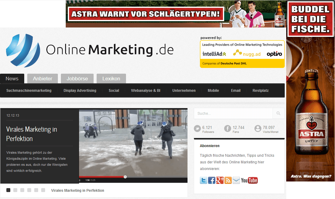 Onlinemarketing.de mit installiertem Astra Banner Blocker