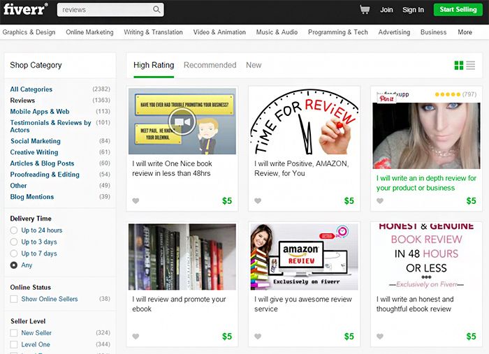 Mehr als 1.300 Angebote gibt es für den Suchbegriff "Review" auf Fiverr - ein Riesengeschäft. © Fiverr.com