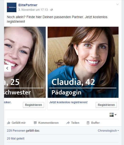 Facebook-Ad von ElitePartner mit "Claudia, 42, Pädagogin"