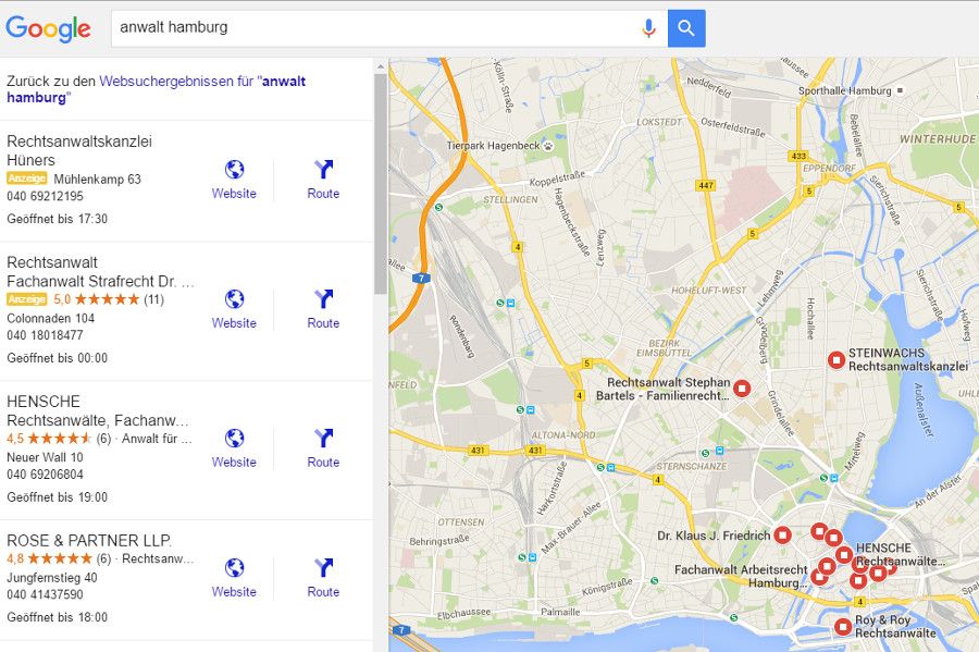Google-Suche nach "Anwalt Hamburg" mit gekennzeichneten Werbeanzeigen