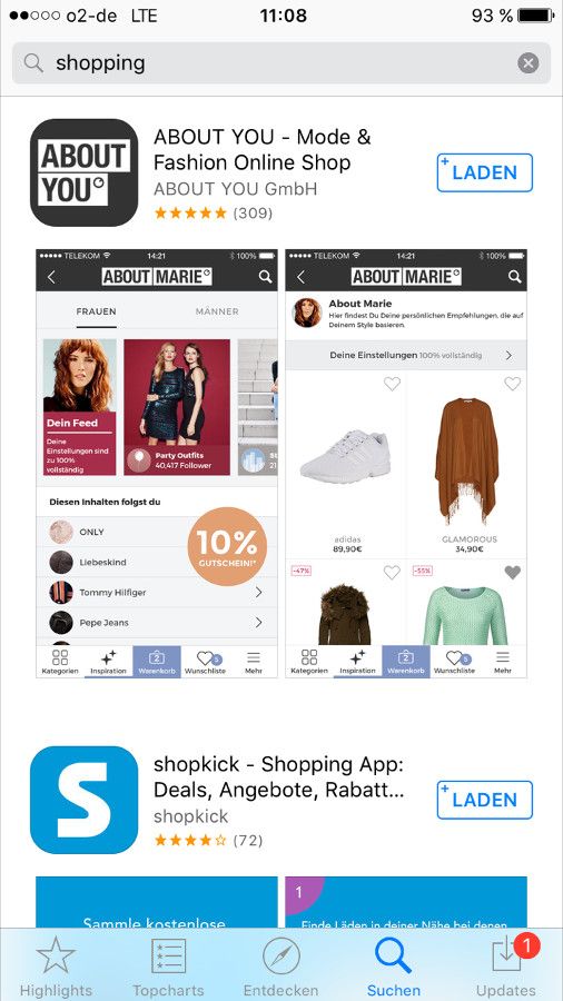 Shopping App Store Suche