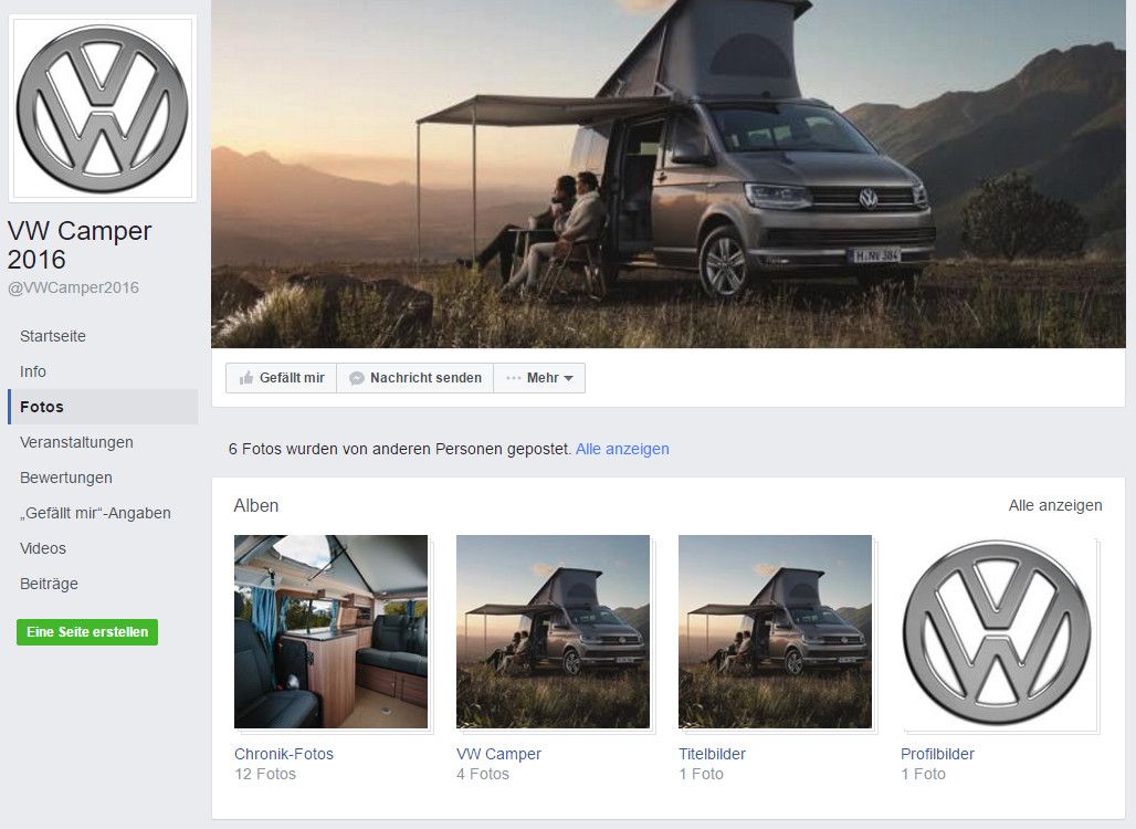 Die Fotos der Facebook-Seite VW Camper 2016 / Screenshot Facebook