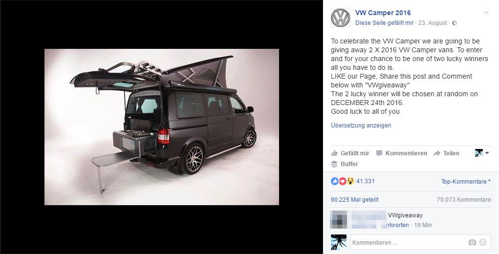 Das "Gewinnspiel" von der Fanseite VW Camper 2016, das aktuell im Umlauf ist / Screenshot Facebook