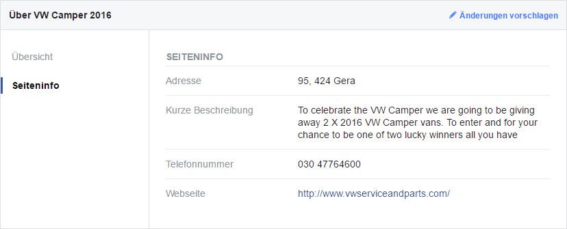 Die Seiteninfos von VW Camper 2016 geben nicht viel her / Screenshot Facebook