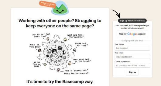 Auffällie Landing Page mit Sign In-Option und Verweis auf weitere Unternehmen, Quelle: basecamp.com