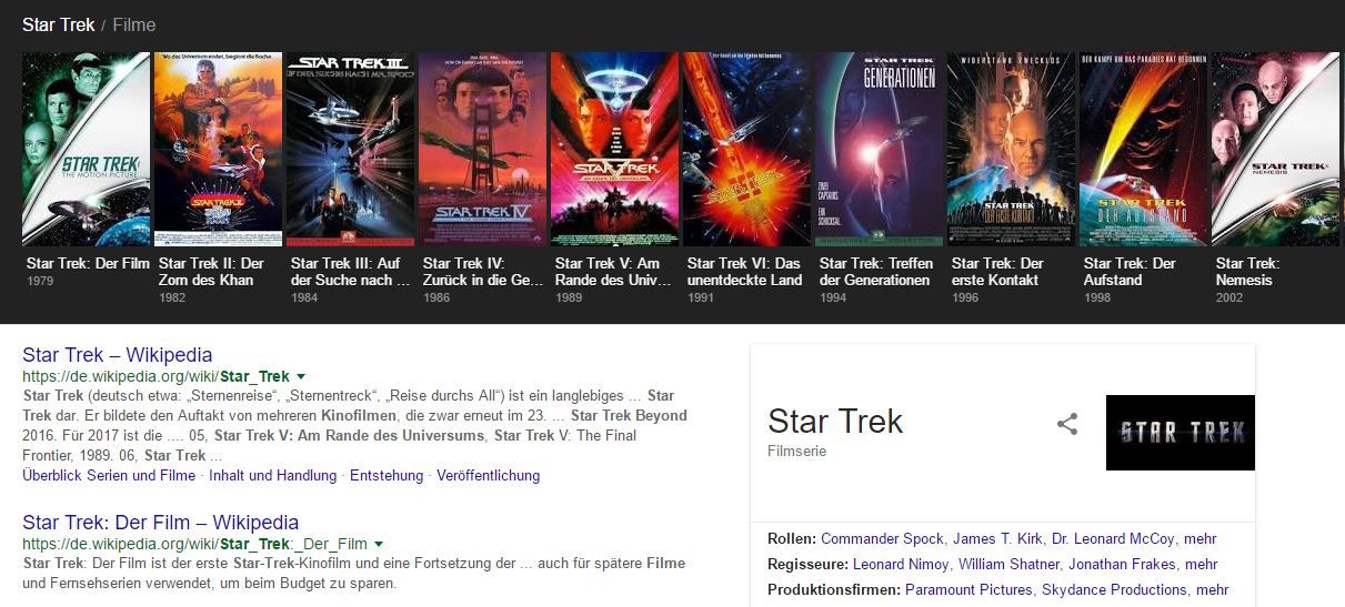 Der Knowledge-Graph von Google bei der Suche nach "Star Trek Filme"
