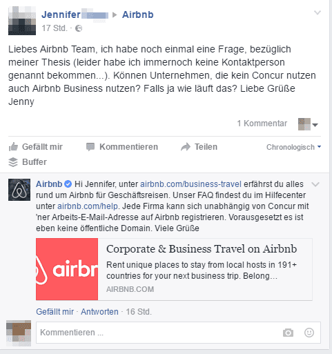 Auf Social macht Airbnb einen richtig guten Job, während es allerdings schwierig ist, einen Ansprechpartner via der Website zu finden © Facebook