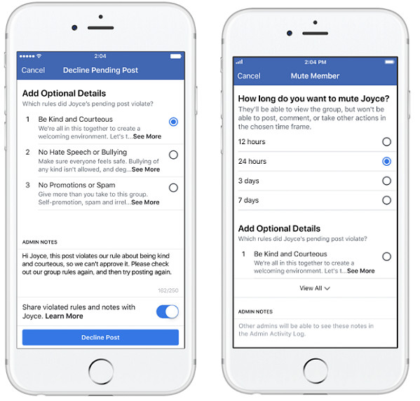 Smartphone, Facebooks Optionen für Gruppen-Admins
