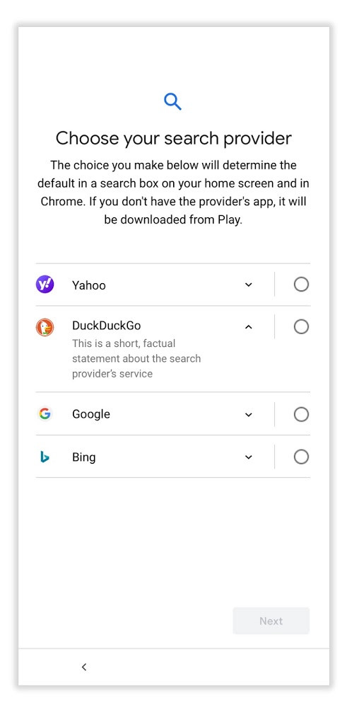 Googles Choice Screen mit beispielhaften Suchmaschinen, Screenshot Android-Blog