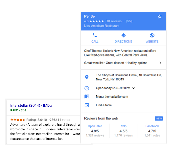 Screenshot: Beispiele für Rezensions-Snippets in der Suche bei Google