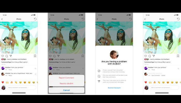 Gegen Cyber-Mobbing auf Instagram : Neue Features sollen User schützen. Auf dem Bild sieht man vier Screenshots nebeneinander, die den Prozess zeigen, wie man einen Kommentar sperren kann