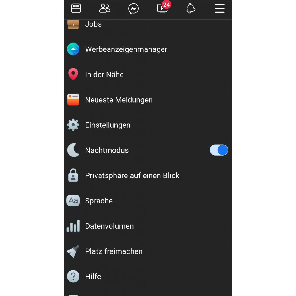 Das Bild zeigt das Facebook Menü zum einstellen des Dark Mode in der App 