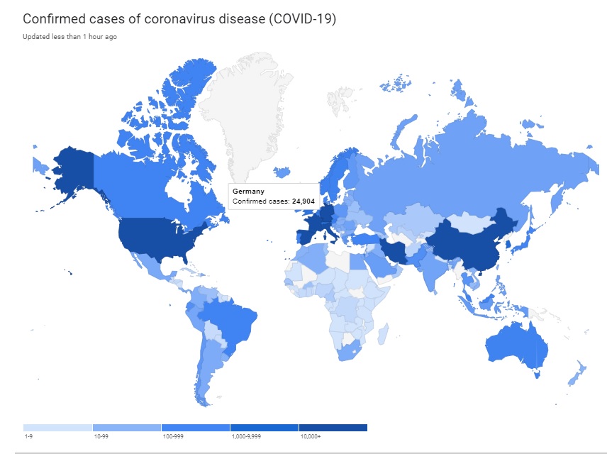 Googles Coronakarte: Eine Weltkarte mit Farbschema für die Anzeige der vorkommenden Infektionen 