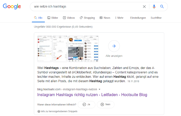 Google-Suche zum Setzen von Hashtags