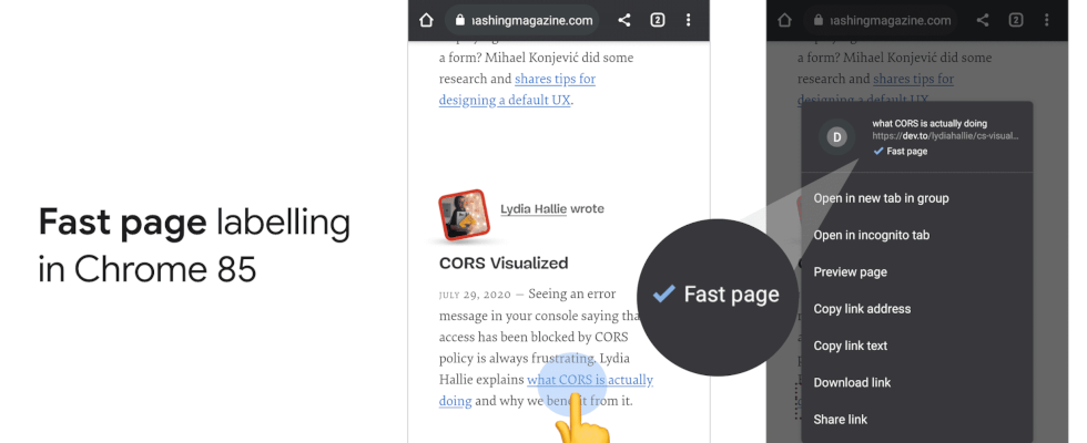 Chrome 85 Beta hebt Fast Links und Seiten mit guter UX hervor