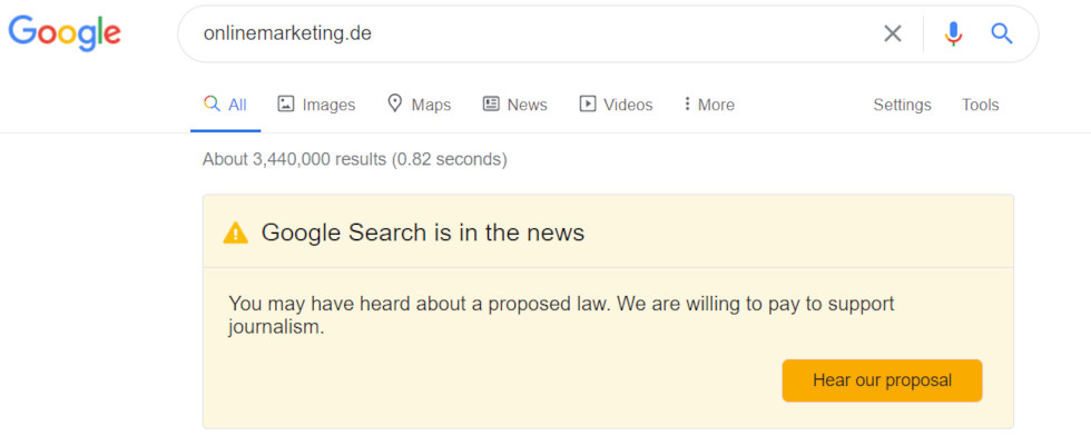 Google vs. Australien: Banner in den SERPs wettert gegen mögliches Gesetz