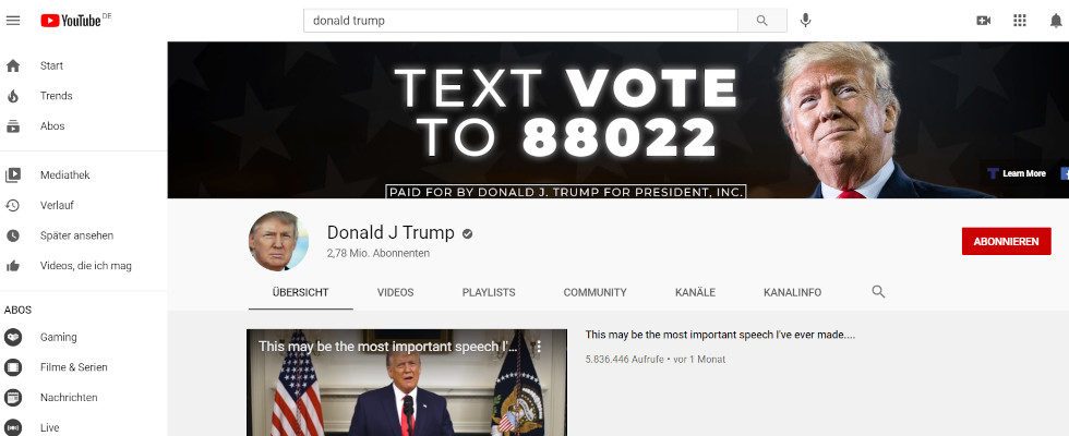 Nachzügler: YouTube sperrt Trumps Account