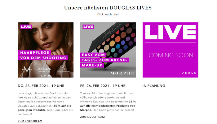 Bei Douglas gibt es alle paar Tage Live Streams, Screenshot douglas.de