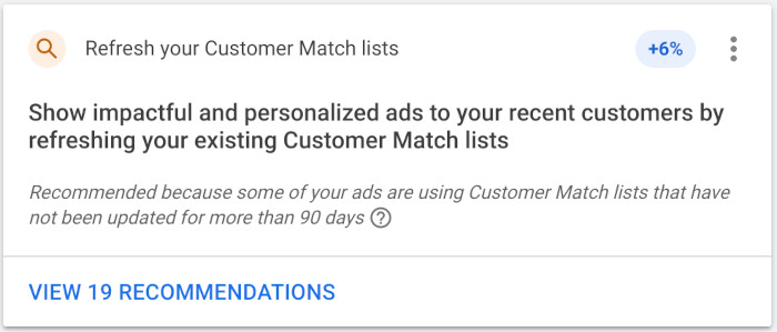 Google liefert automatisch Empfehlungen für Customer Match-Listen