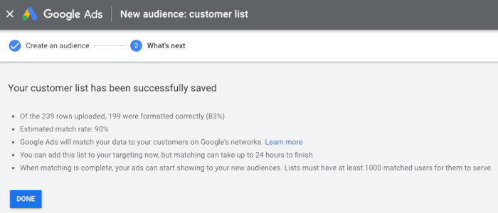 Match Rate für "Kundenliste" bei Google Ads