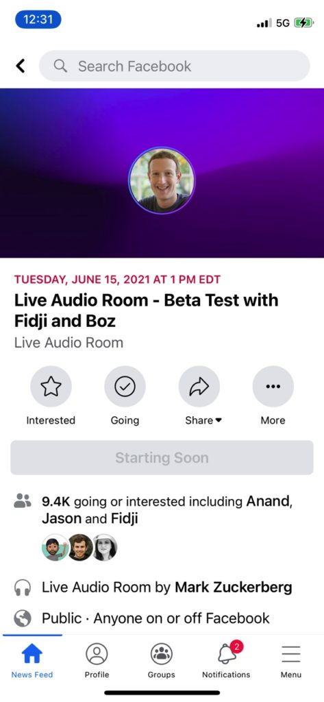 Screenshot des Live Tests des Audio Rooms Features, © TechCrunch 