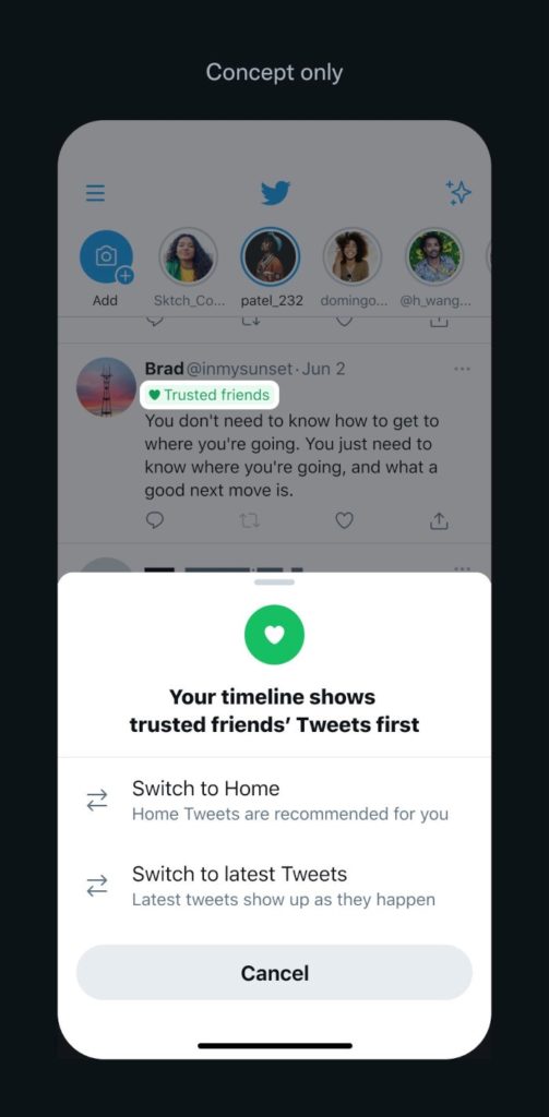 Twitter Timeline mit dem Trusted Friends Feature als Konzept