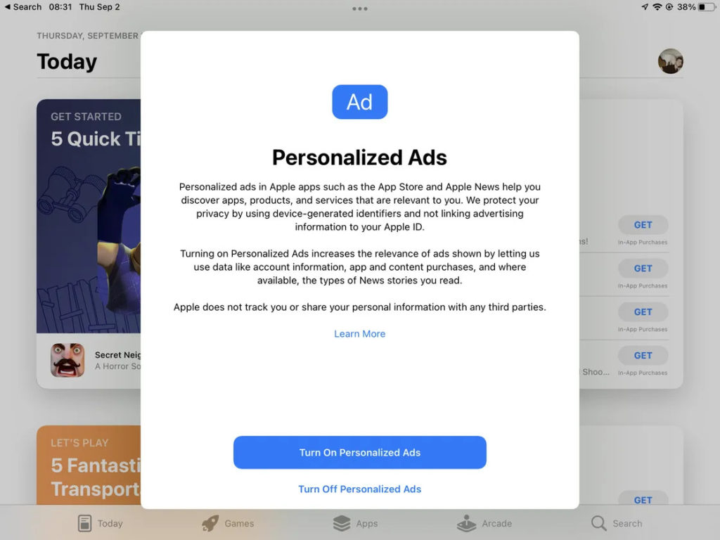 Apples Pop-up zu personalisierter Werbung bei iOS