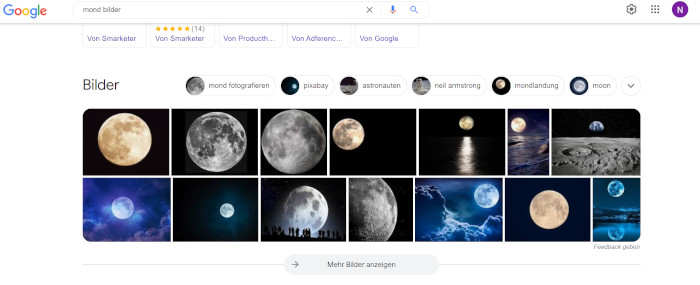 Ein Beispiel für die Full-Width-Bilderanzeige bei Google zur Suchanfrage mond bilder