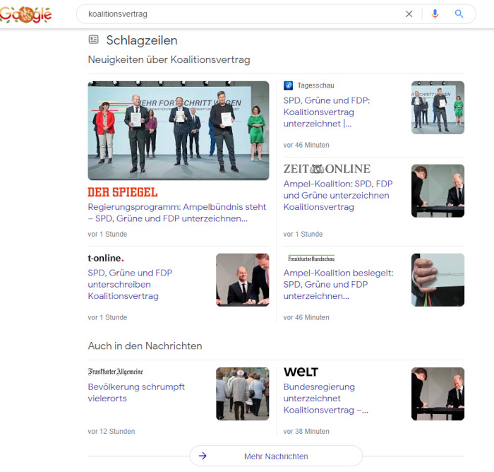 Schlagzeilen in der Desktop-Suche bei der Suchanfrage koalitionsvertrag