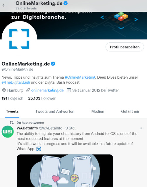 Screenshot des Twitter Accounts von OnlineMarketing.de