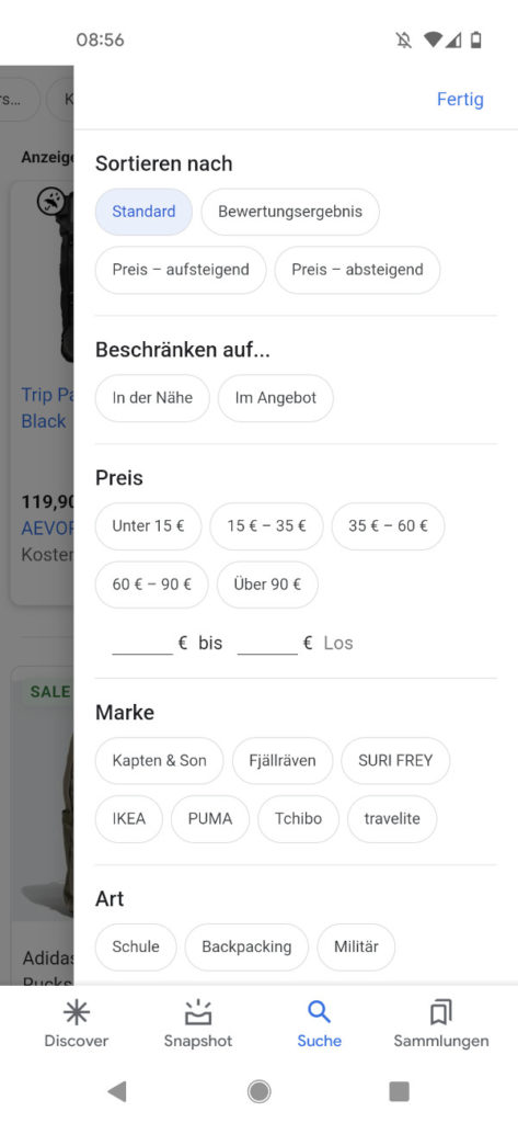 Einige Filteroptionen bei Google Shopping bei der Suchanfrage zu "rucksack" (Mobile)