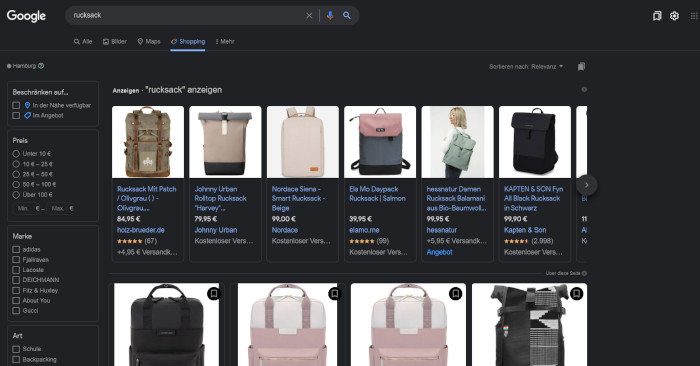Einige Filteroptionen bei Google Shopping bei der Suchanfrage zu rucksack (auf Desktop).jpg