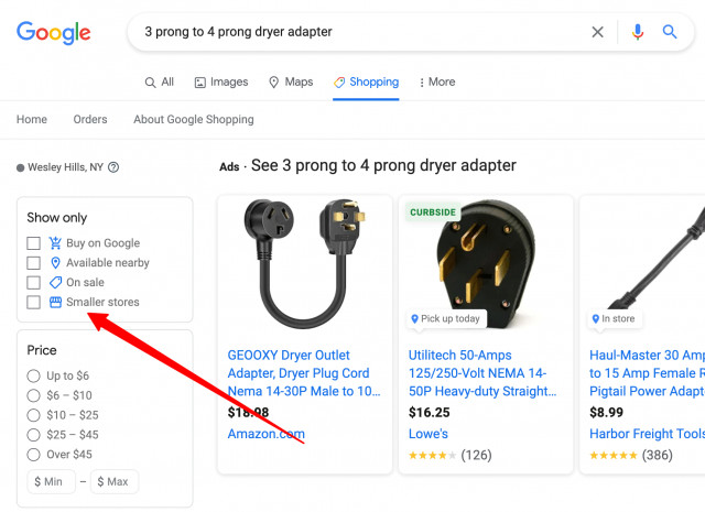 Google Shopping-Ansicht mit Filter für Smaller Stores