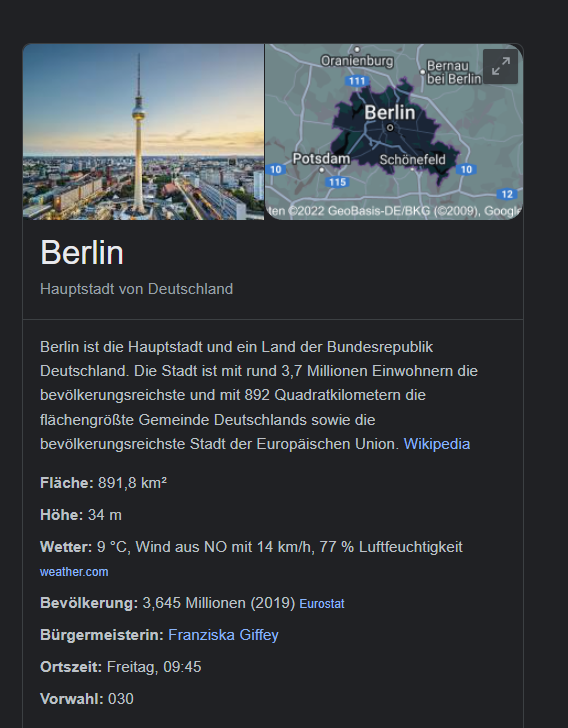 Screenshot vom Knowledge Panel zu Berlin bei Google