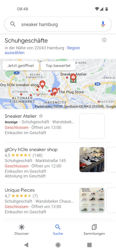Local Pack mit deutschsprachiger Ad-Markierung