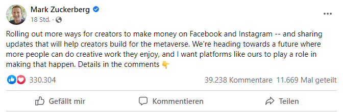 Mark Zuckerbergs initialer Post, dem ein Thread folgt, Screenshot Facebook