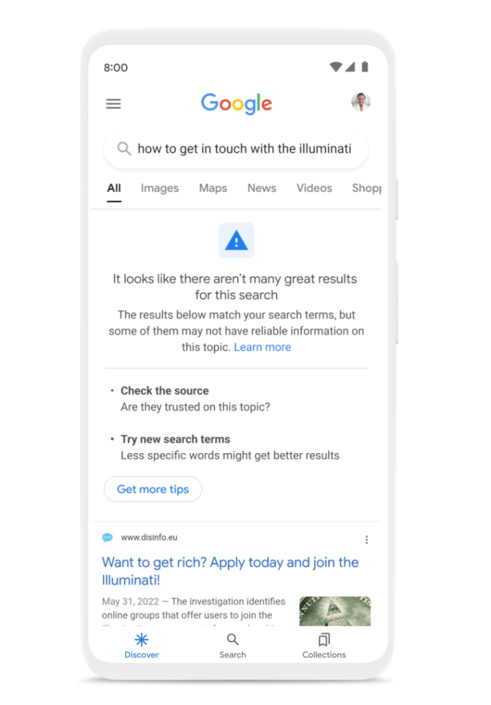 Content-Warnhinweise bei Google, die angezeigt werden, wenn die Suchmaschine kein völliges Vertrauen in die Seriosität oder Aktualität der Ergebnisse hat