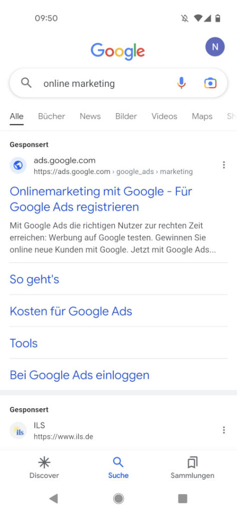 Die neue Werbemarkierung bei Google, Screenshot von Smartphone SERPs mit Gepsonsert-Label