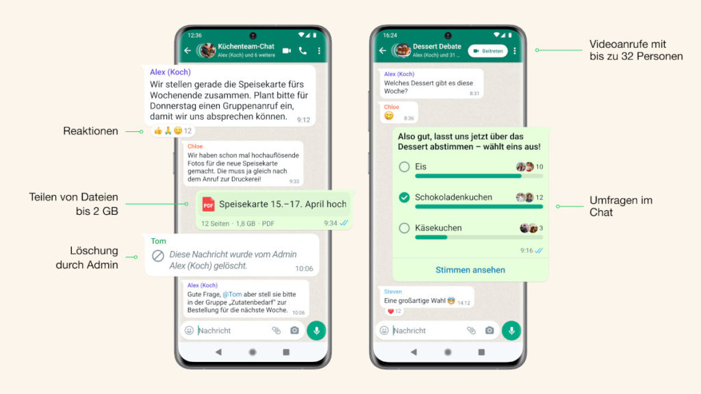 Diverse neue WhatsApp Features, inklusive Umfragen im Chat (mit einem Klick aufs Bild gelangst du zur größeren Ansicht), © WhatsApp
