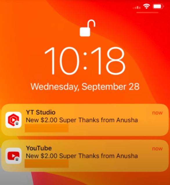Push-Nachricht in der App zu Super Thanks-Einnahmen, © YouTube