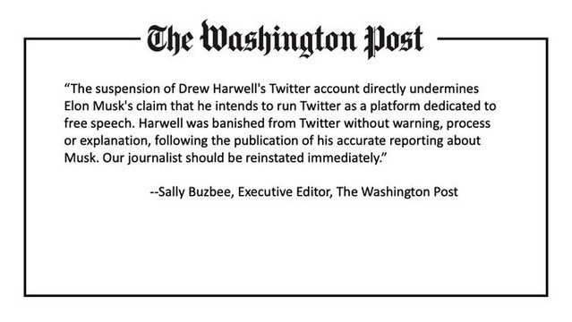 Statement von Sally Buzbee zu Harwells Sperrung auf Twitter, © Drew Harwell, Sally Buzbee, The Washington Post