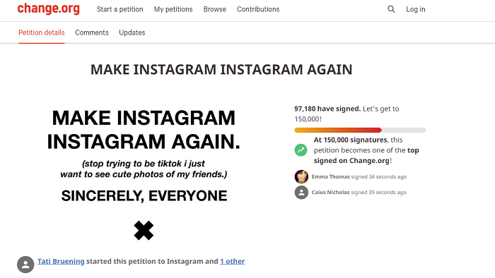 Website der Petition Make Instagram Instagram again, © change.org