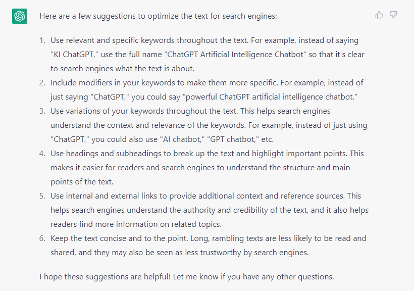 ChatGPT liefert SEO-Tipps für bestehende Texte, Screenshot ChatGPT von OpenAI